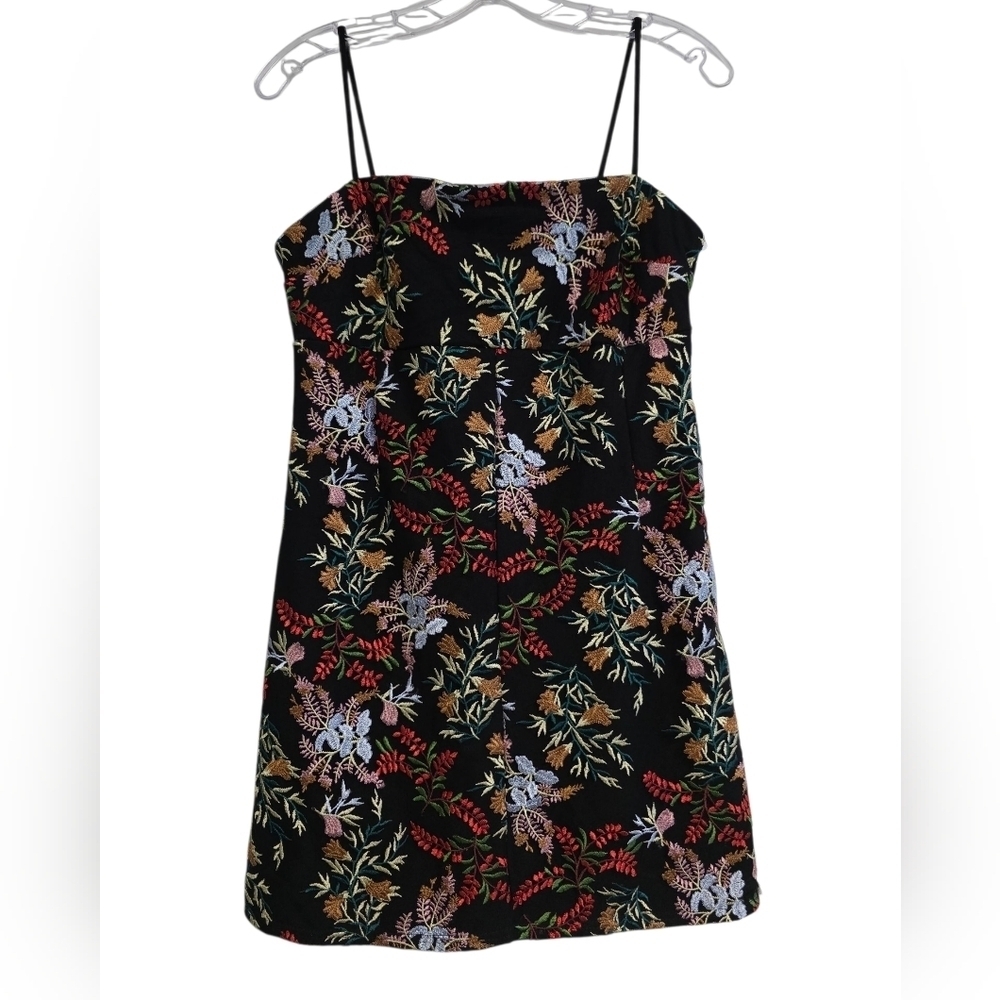 Black Spaghetti Strap Dress With Floral Embroidery Size X-Small